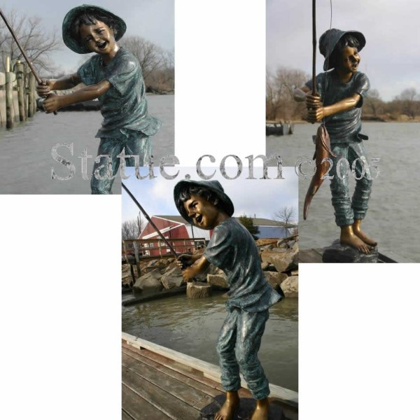 Boy Fishing Bronze Life-Size Sculpture Pole in Hand Artwork